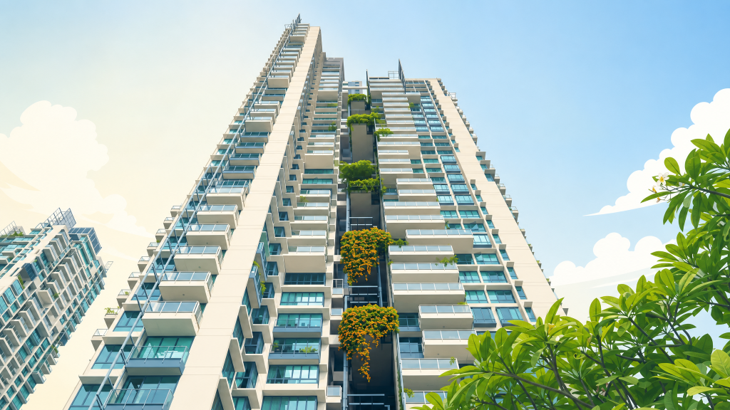 Rivergate the tower facade with planted balconies