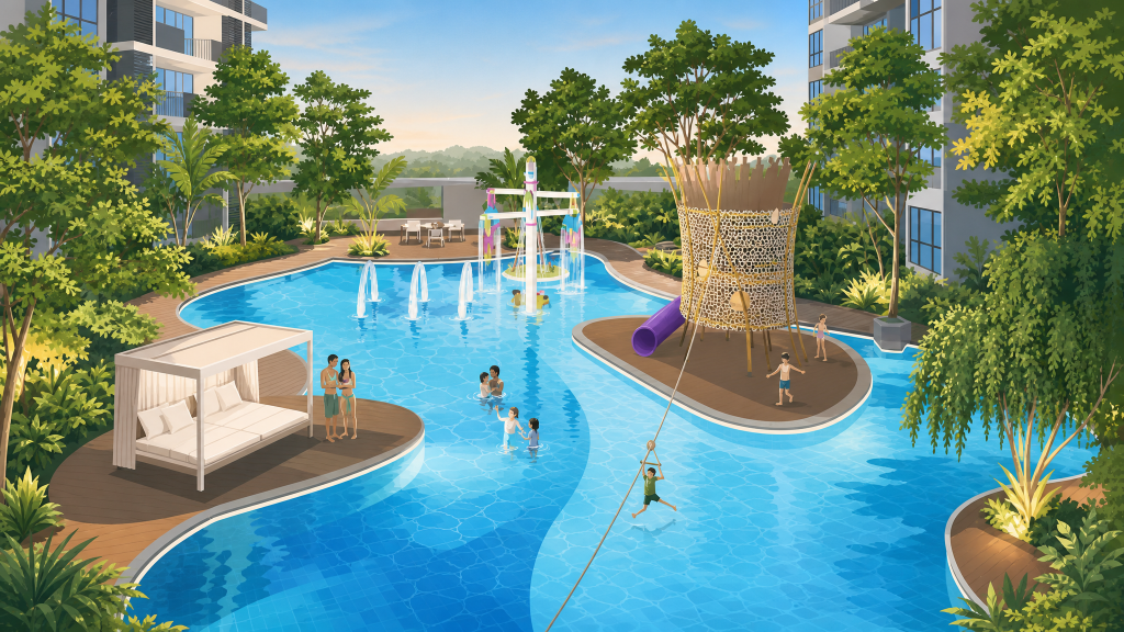 Riversails swimming pool and water play feature