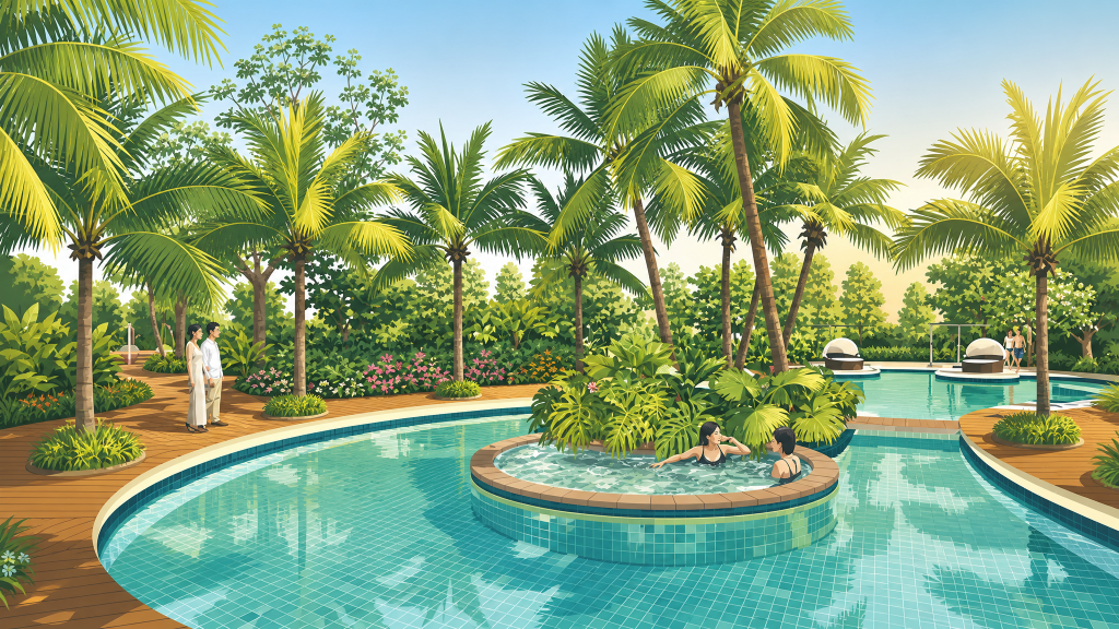 Riversails swimming pool and palm landscaping