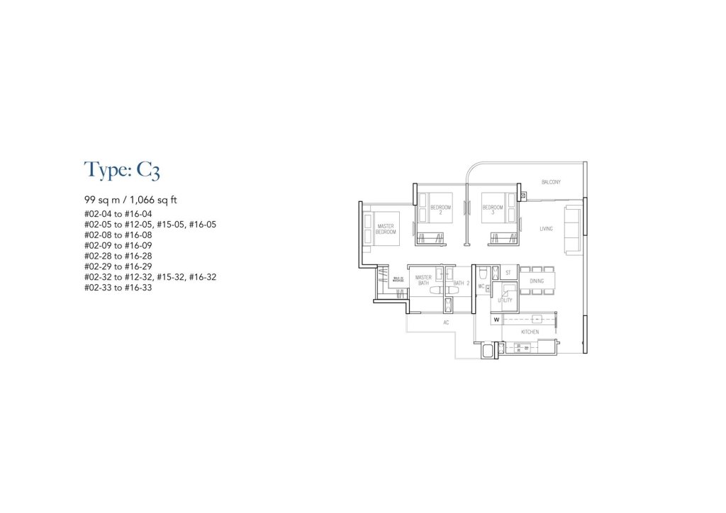 Riversound Residence floor plan Type Type-C3, 1066 sqft, Sengkang, Singapore