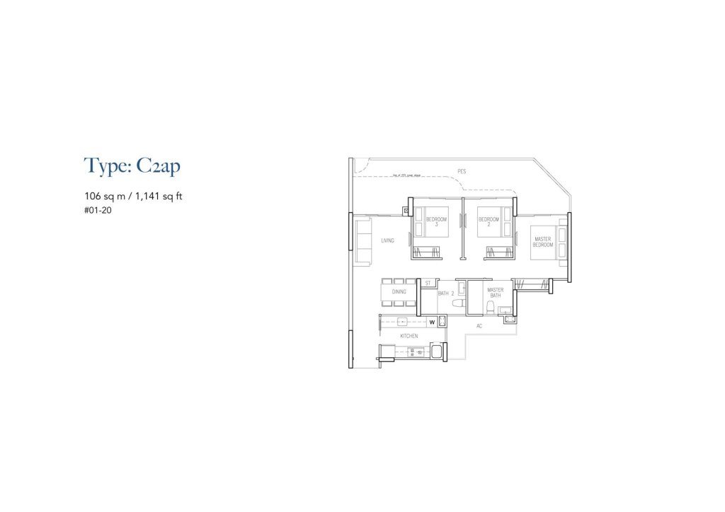 Riversound Residence floor plan Type C2ap, 1141 sqft, Sengkang, Singapore