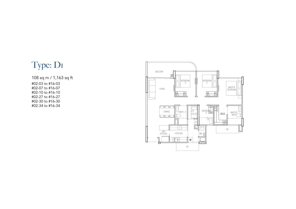 Riversound Residence floor plan Type Type-D1, 1163 sqft, Sengkang, Singapore
