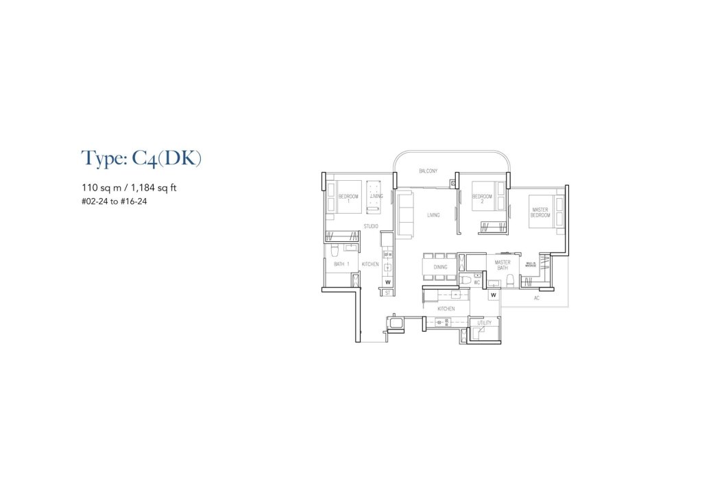 Riversound Residence floor plan Type C4DK, 1184 sqft, Sengkang, Singapore