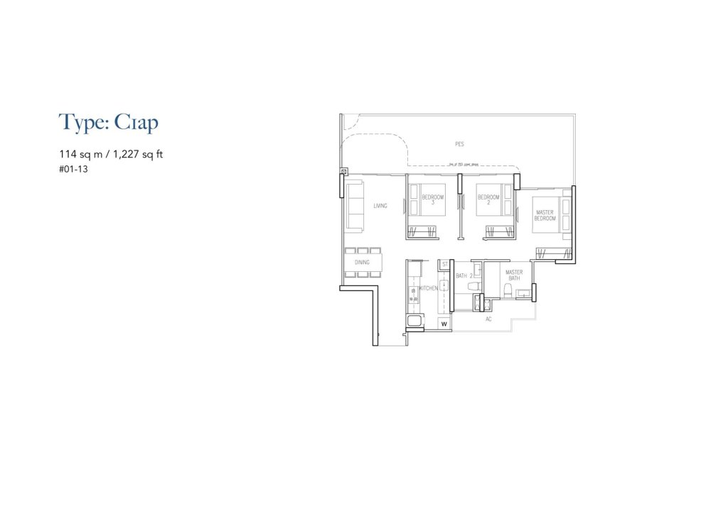 Riversound Residence floor plan Type C1ap, 1227 sqft, Sengkang, Singapore