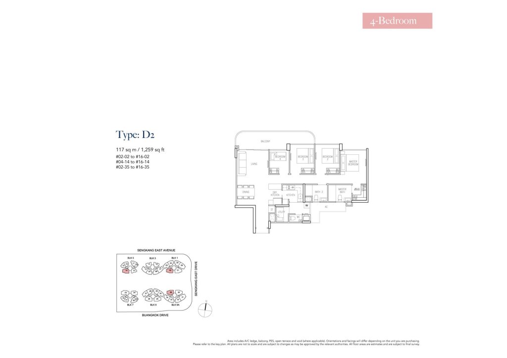 Riversound Residence floor plan Type D2, 1259 sqft, Sengkang, Singapore