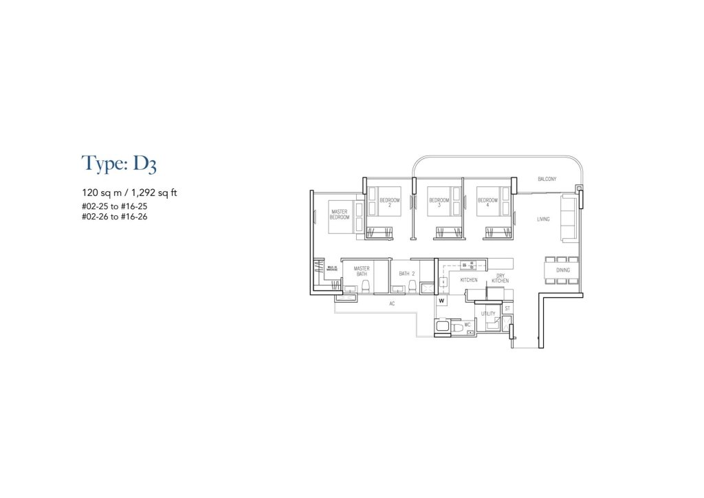 Riversound Residence floor plan Type D3, 1292 sqft, Sengkang, Singapore