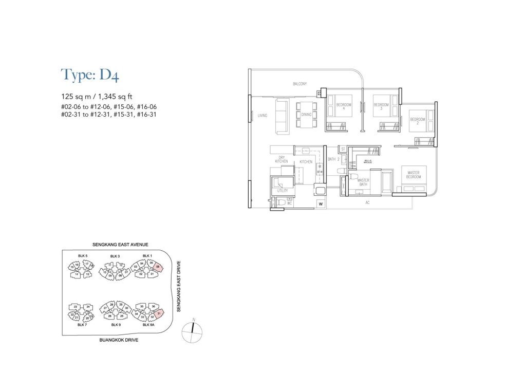 Riversound Residence floor plan Type D4, 1345 sqft, Sengkang, Singapore