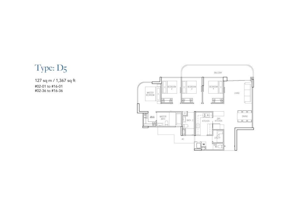 Riversound Residence floor plan Type D5, 1367 sqft, Sengkang, Singapore