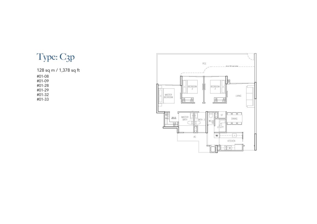 Riversound Residence floor plan Type C3p, 1378 sqft, Sengkang, Singapore
