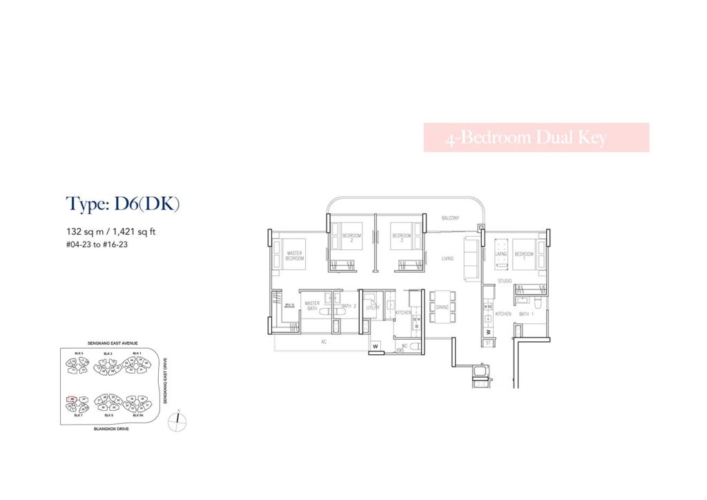 Riversound Residence floor plan Type D6DK, 1421 sqft, Sengkang, Singapore