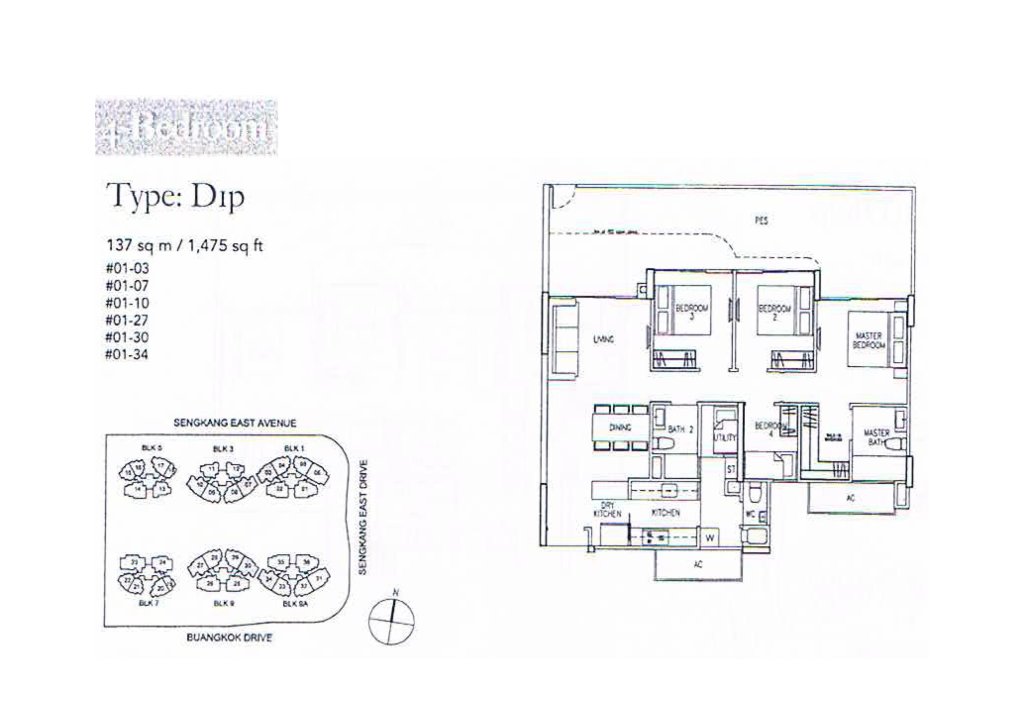 Riversound Residence floor plan Type D1p, 1475 sqft, Sengkang, Singapore