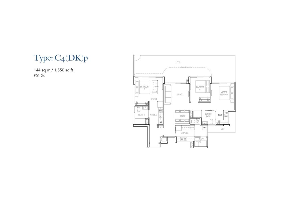 Riversound Residence floor plan Type C4DKp, 1550 sqft, Sengkang, Singapore