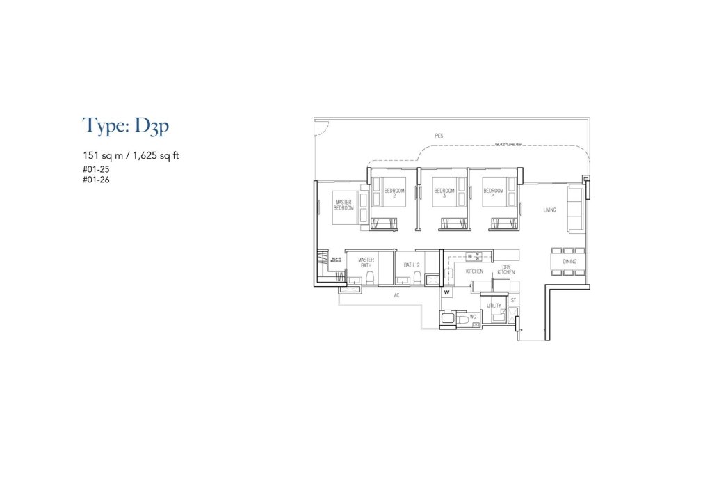 Riversound Residence floor plan Type D3p, 1625 sqft, Sengkang, Singapore