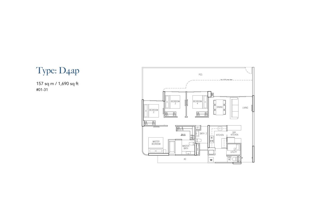 Riversound Residence floor plan Type D4ap, 1690 sqft, Sengkang, Singapore