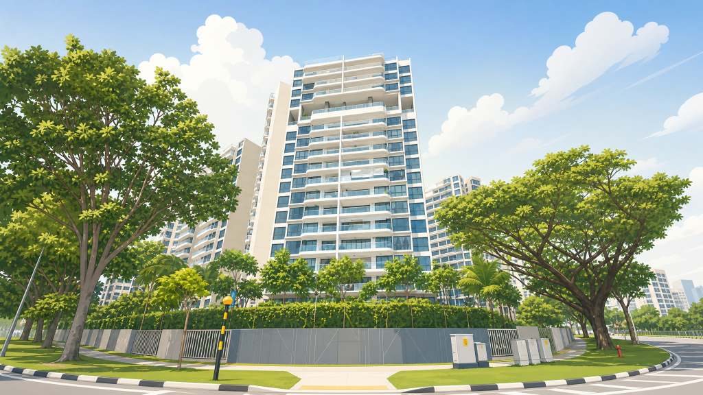 Riversound Residence tower exterior and mature trees
