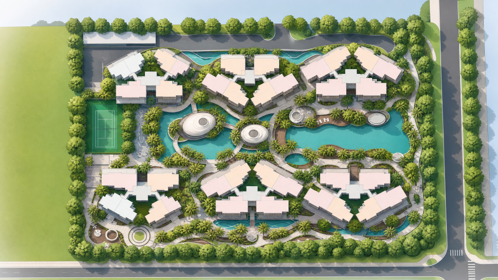 Riversound Residence aerial view of the site and facilities