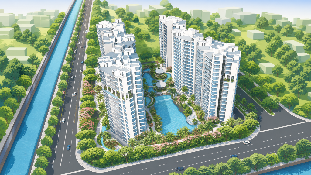 Riversound Residence aerial view of the towers beside the waterway
