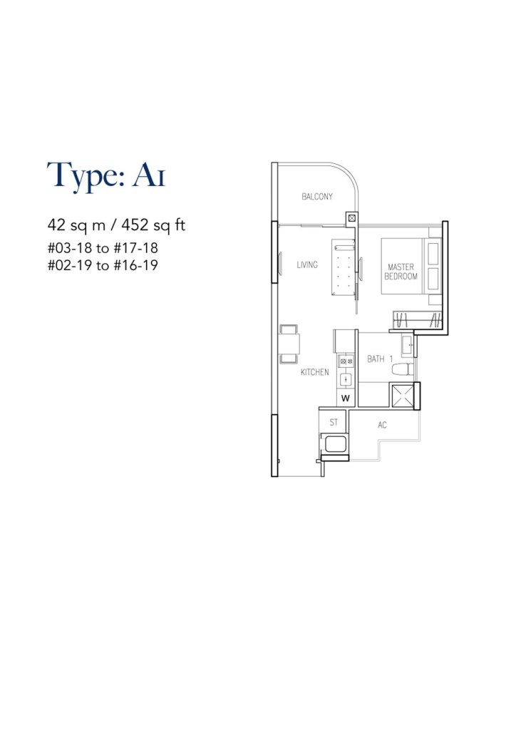 Riversound Residence floor plan Type A1, 452 sqft, Sengkang, Singapore