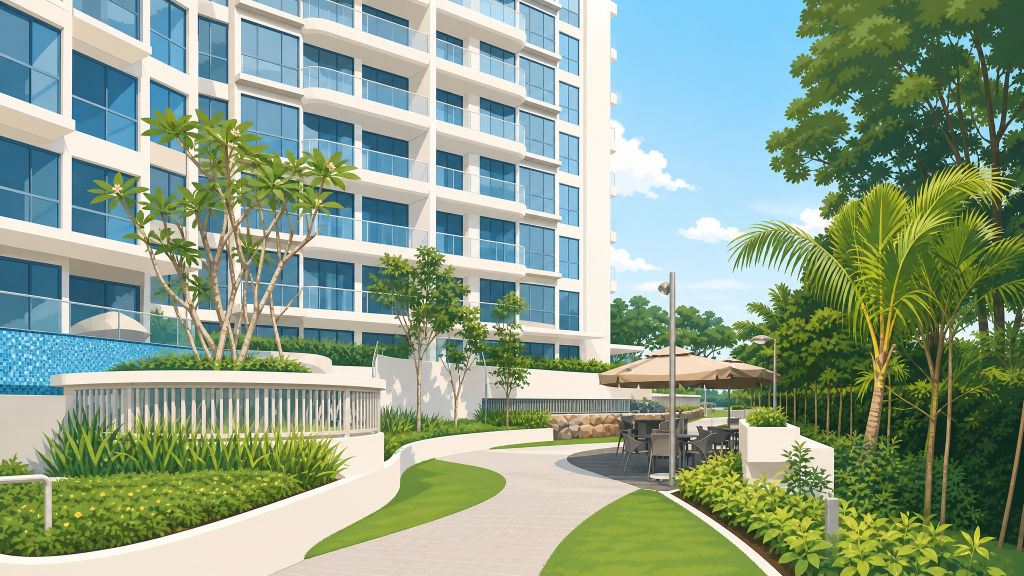Riversound Residence condominium entrance and landscaping