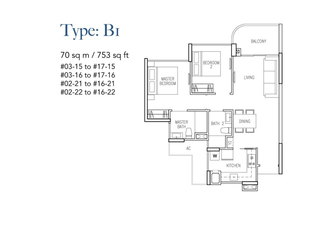 Riversound Residence floor plan Type B1, 753 sqft, Sengkang, Singapore