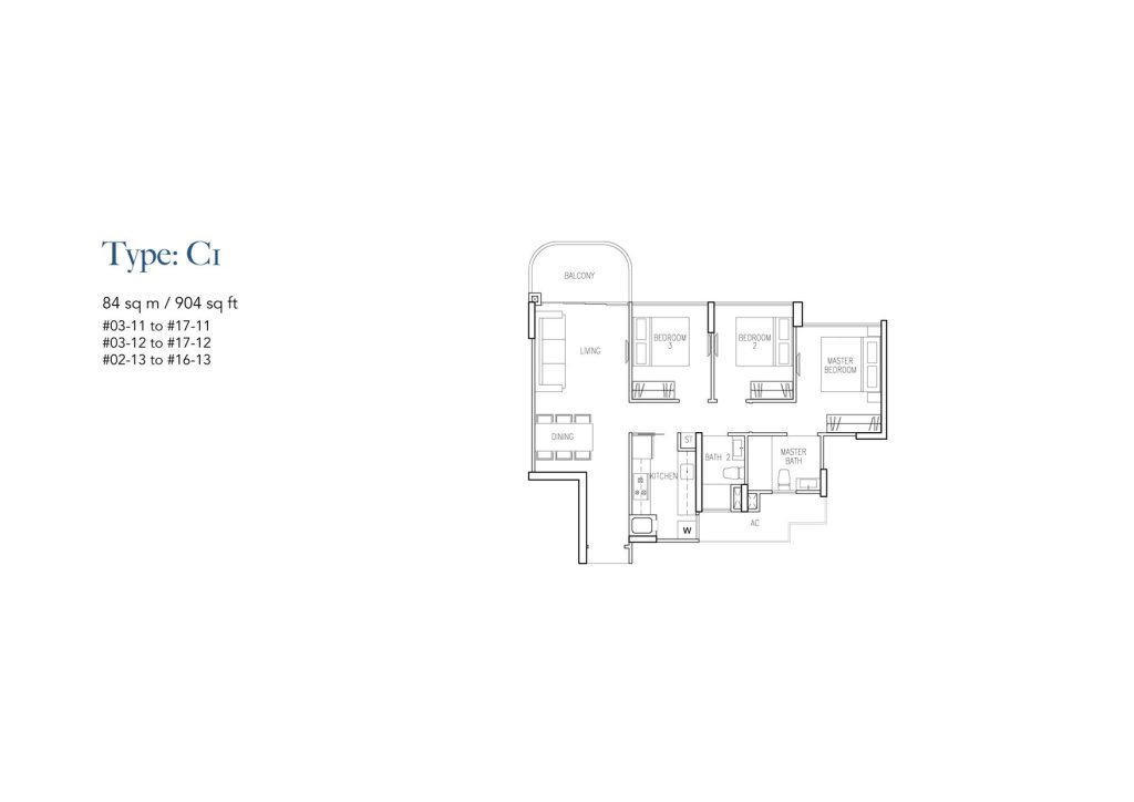 Riversound Residence floor plan Type C1, 904 sqft, Sengkang, Singapore