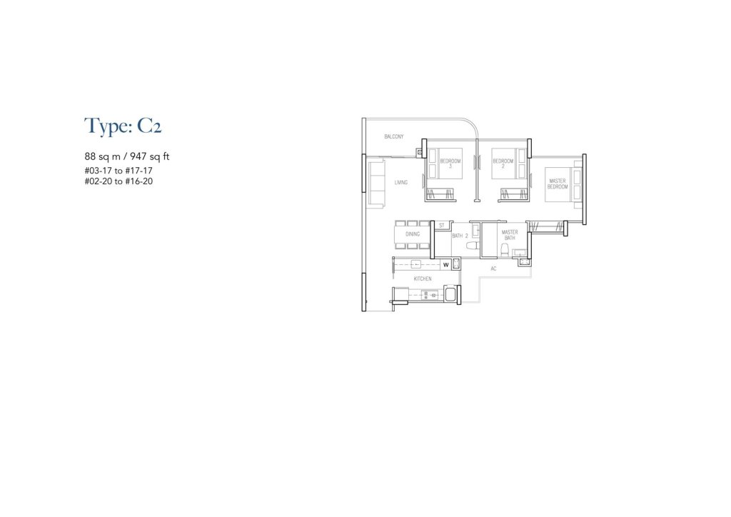 Riversound Residence floor plan Type C2, 947 sqft, Sengkang, Singapore