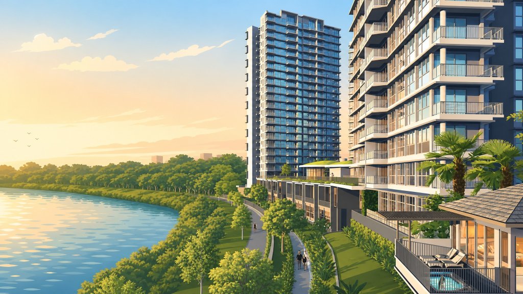 Rivertrees Residences towers along the river at sunset