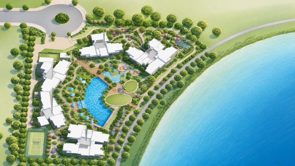 Rivertrees Residences aerial illustration of the grounds and facilities