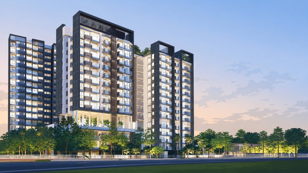 Rivertrees Residences towers and podium from the road