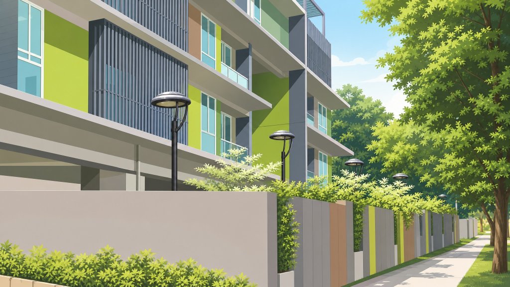 Roots @ Transit coloured facade panels and walkway