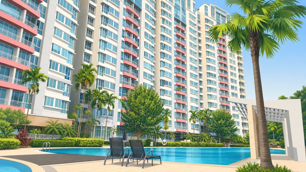 Rosewood towers and pool deck behind the palms