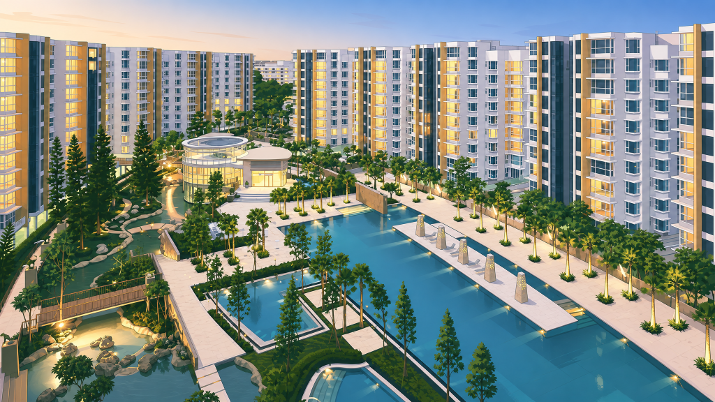 Savannah Condopark aerial view of the pool and blocks