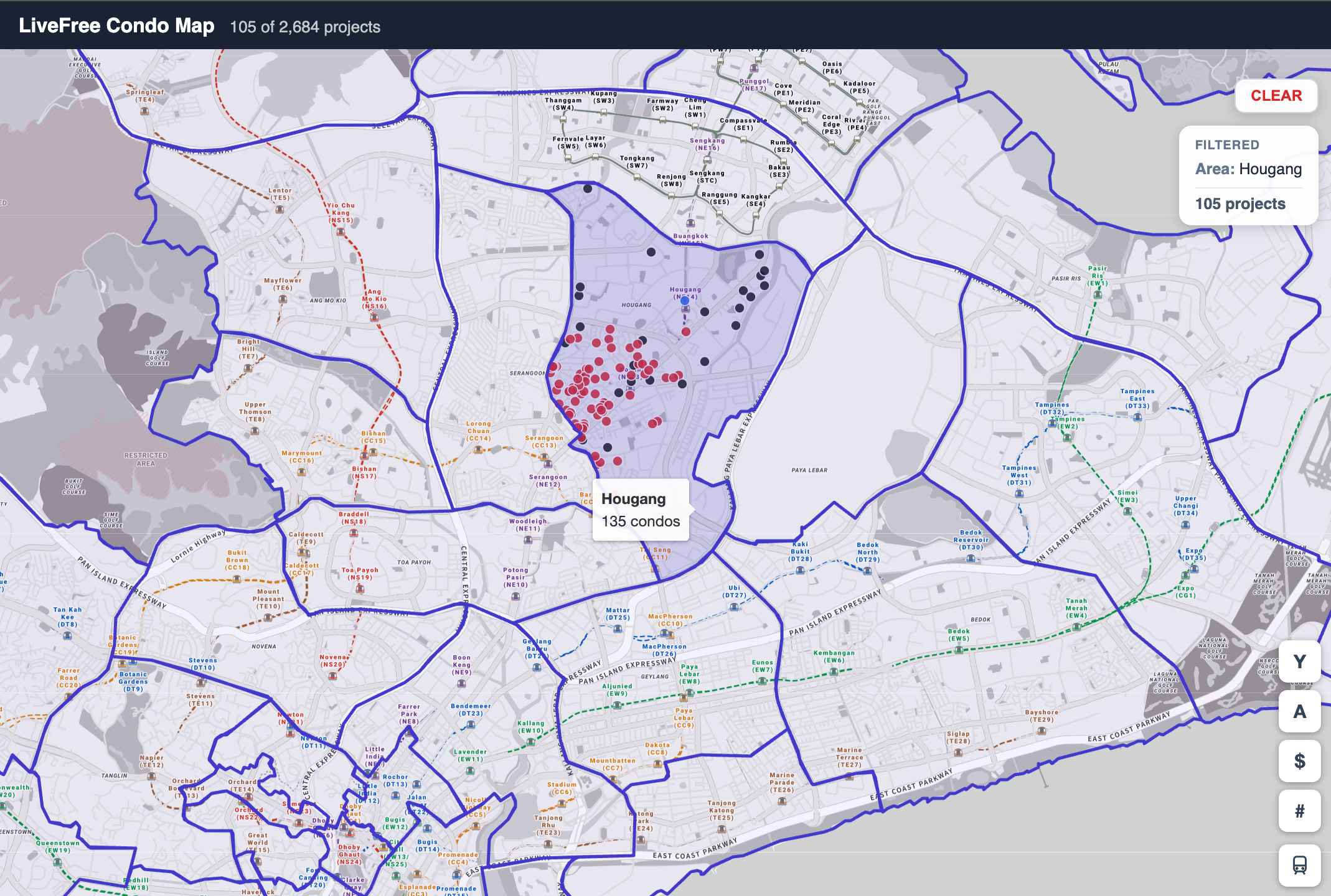 All 105 private projects in Hougang planning area on the LiveFree condo map