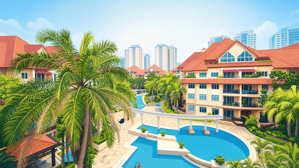 Seletar Springs Condominium pool and red-roofed blocks from above