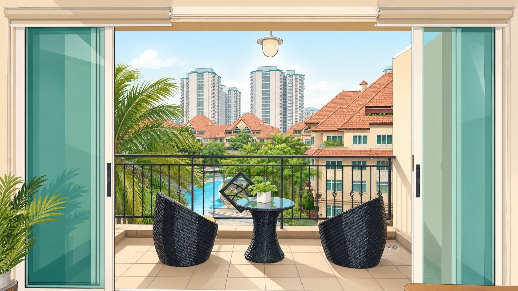 Seletar Springs Condominium balcony overlooking the pool and blocks