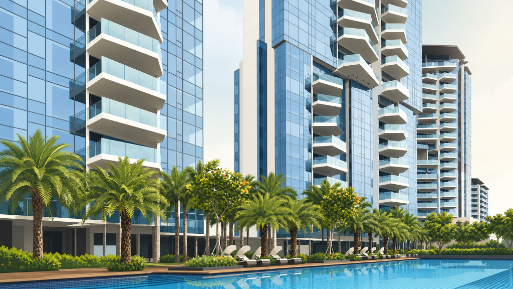 Silversea tower facade and swimming pool