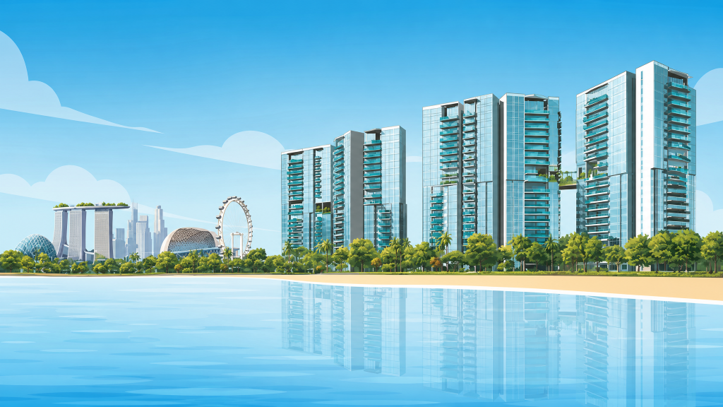 Silversea towers seen across the water from the beach