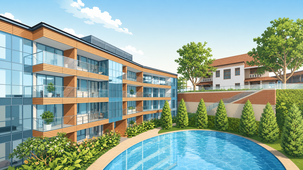 Sophia Hills pool and blocks beside the conserved building