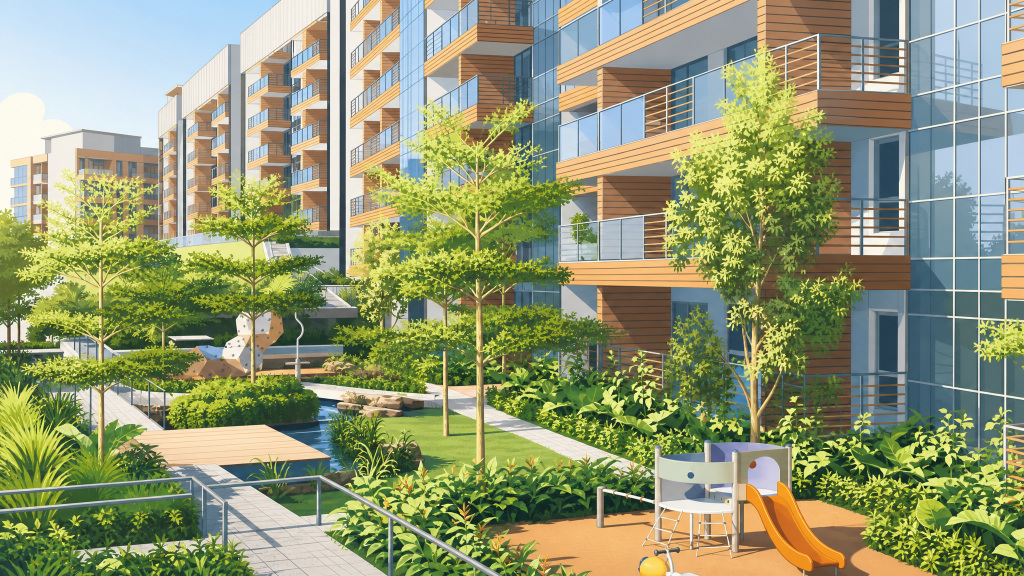 Sophia Hills landscaped courtyard and play area between the blocks