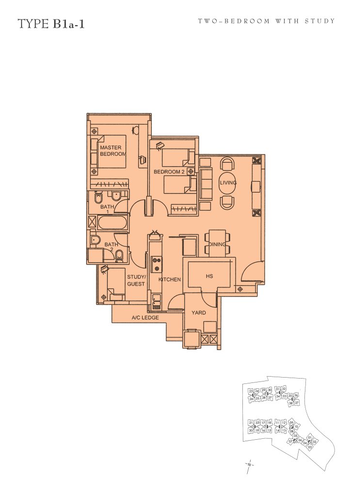 Sunglade floor plan Type B1a, 1001 sqft, Serangoon, Singapore