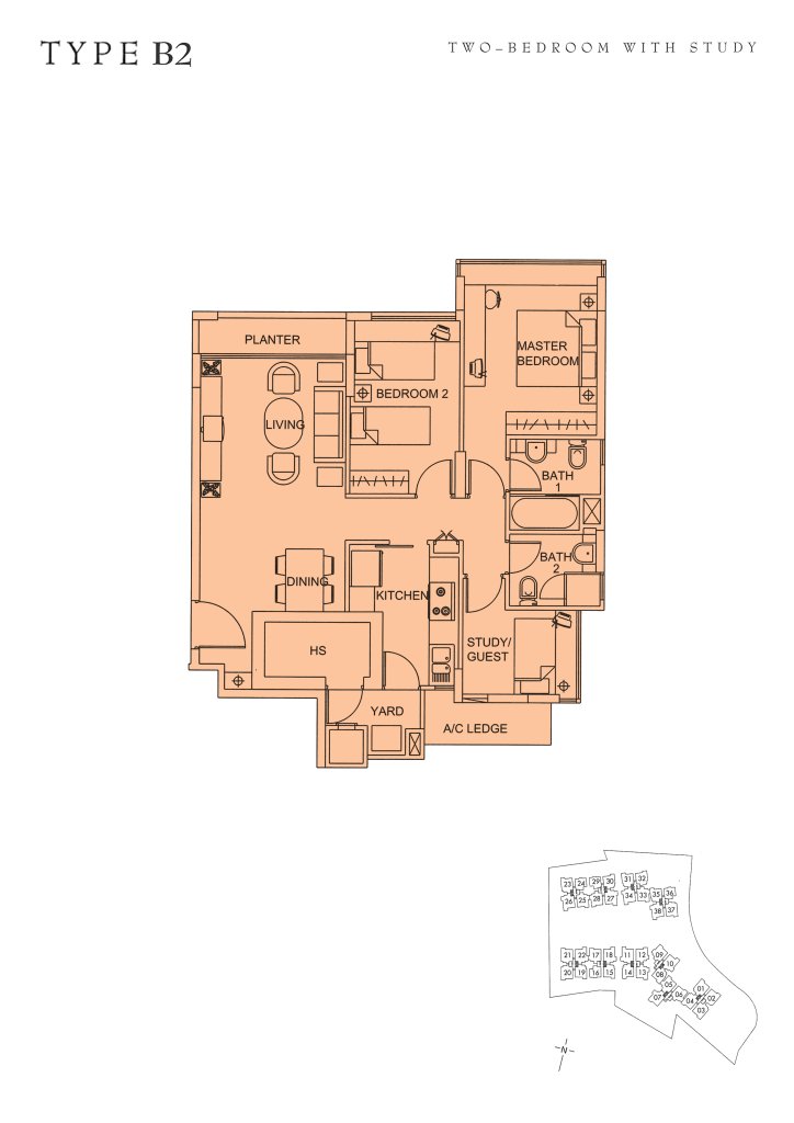 Sunglade floor plan Type B2, 1023 sqft, Serangoon, Singapore
