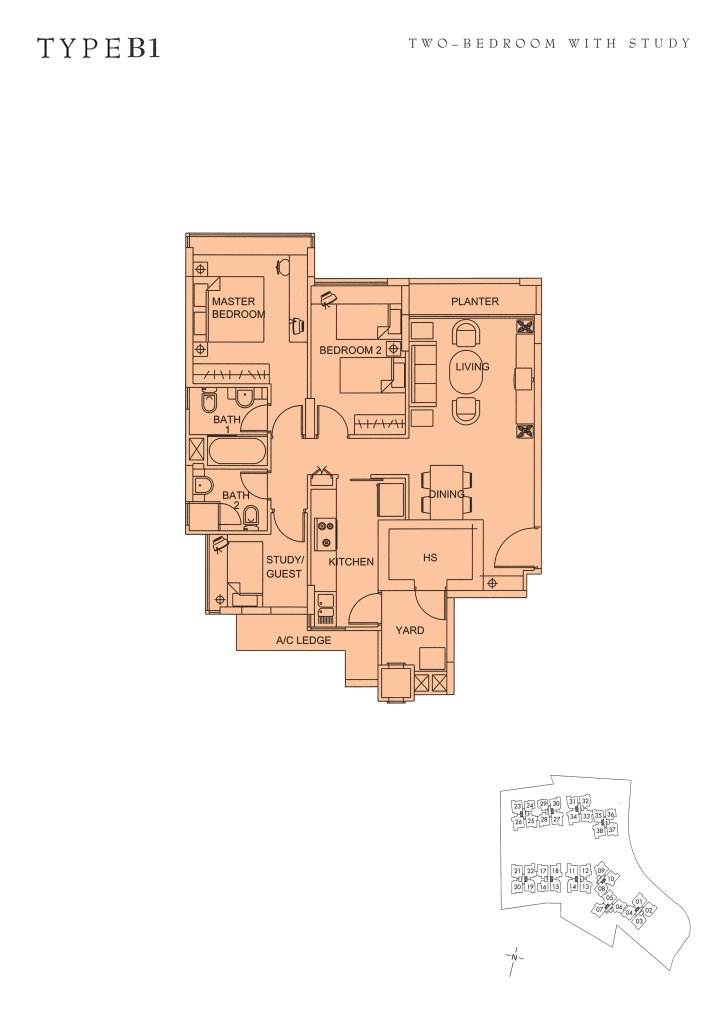 Sunglade floor plan Type B1, 1044 sqft, Serangoon, Singapore