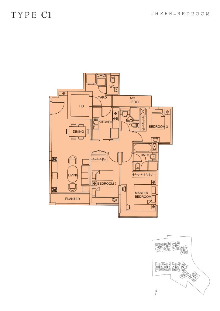 Sunglade floor plan Type C1, 1152 sqft, Serangoon, Singapore