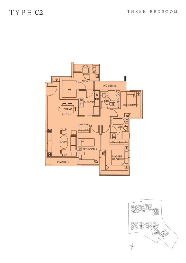 Sunglade floor plan Type C2, 1163 sqft, Serangoon, Singapore
