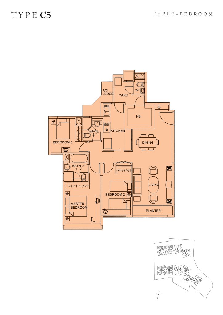 Sunglade floor plan Type C5, 1173 sqft, Serangoon, Singapore