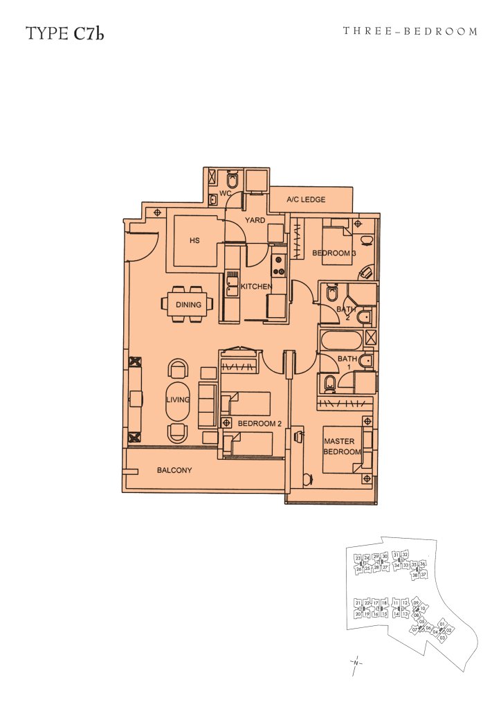 Sunglade floor plan Type C7b, 1195 sqft, Serangoon, Singapore