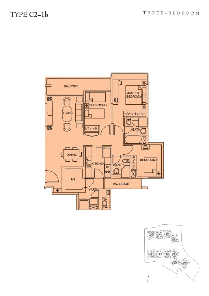 Sunglade floor plan Type C2-1b, 1206 sqft, Serangoon, Singapore
