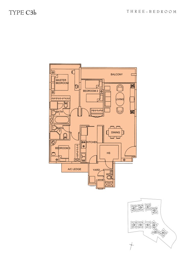 Sunglade floor plan Type C3b, 1216 sqft, Serangoon, Singapore