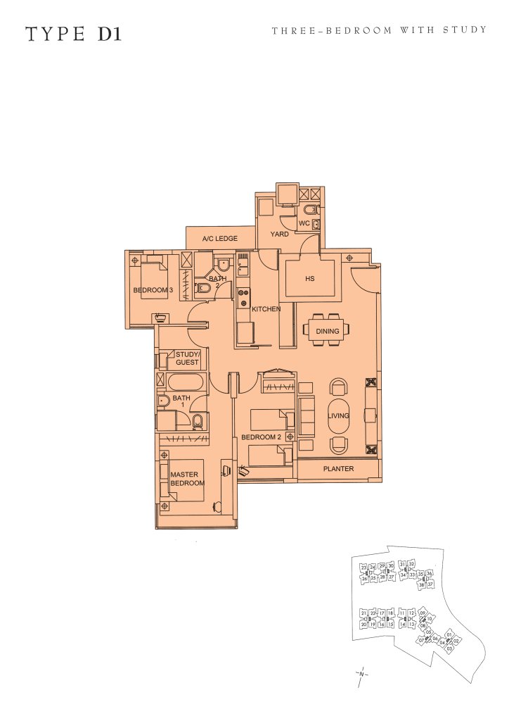 Sunglade floor plan Type D1, 1238 sqft, Serangoon, Singapore