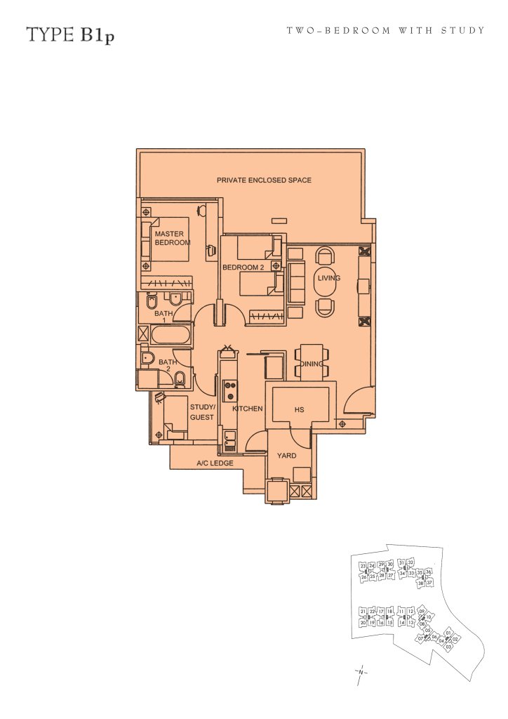 Sunglade floor plan Type B1p, 1281 sqft, Serangoon, Singapore